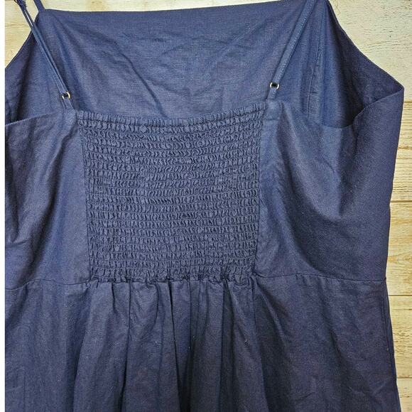 GAP Linen Cotton Dress Fit Flare XL Rouched Mini Sundress Midi Navy Minimalist - Picture 4 of 9
